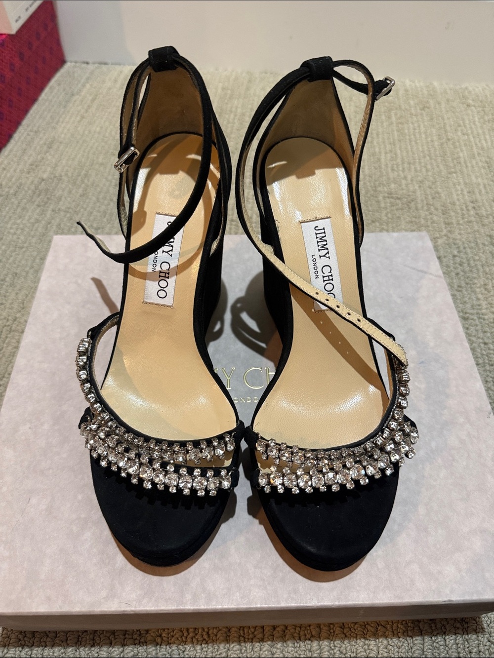 Jimmy Choo Black Suede Crystal Strap Heels
